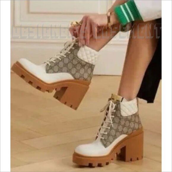 GUCCI 41 beige GG canvas quilted Leather TRIP logo platform Combat ankle Booties - Picture 14 of 14